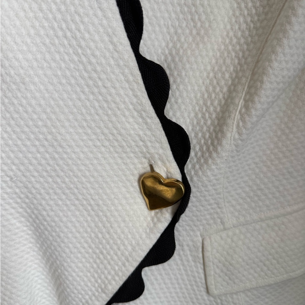 Vintage Outlander White Jacket with Black Scallop Trim and gold heart button. 6 - Picture 2 of 6